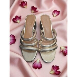 Womens Gold Multi Strap Block‎ Heel Mules Slip On Sandals sz 6M